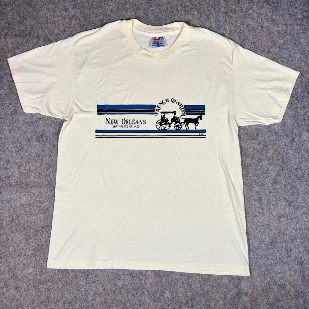 Vintage New Orleans French Quarter Jazz T Shirt Mens L Hanes Cream 90s USA 50/50